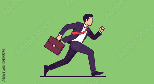 Businessman with briefcase running fast illustration on green background for success concept
