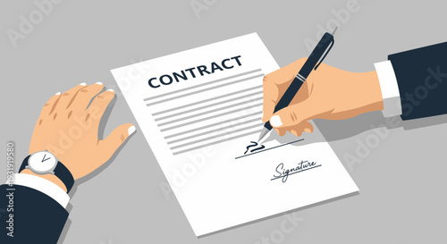 Illustration of a businessman signing a contract agreement with a pen on a desk