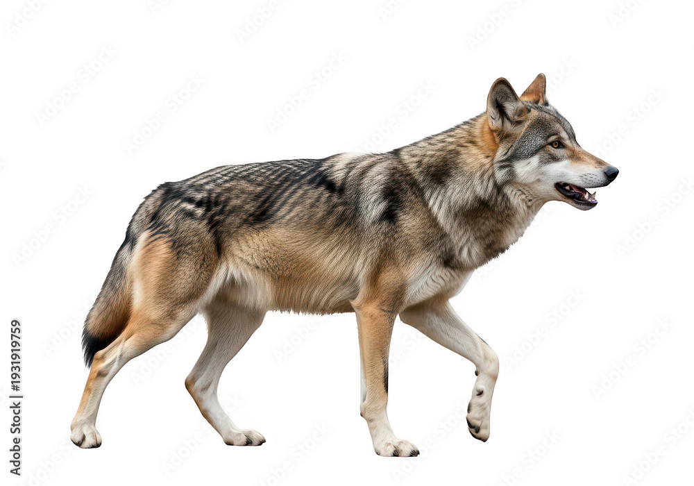 Obraz premium Majestic gray wolf trotting gracefully across a snowy landscape