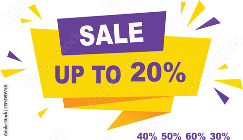 Quadro em tela Purple and yellow sale banner with up to twenty percent discount up to 20 percen