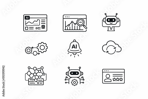 Illustrations depicting various aspects of modern technology and artificial intelligence.