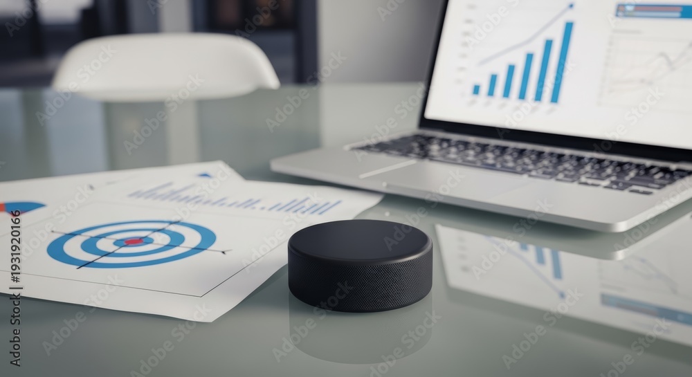 Fototapeta premium Hockey puck on a glass office desk with laptop and printed charts. Concept of sports analytics, strategy, KPI tracking, and performance management in modern business. Generative AI.