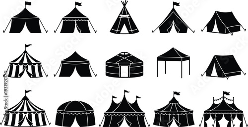 Set of Circus and Camping Tent Silhouettes Including Big Top Pavilion and Yurt Vector Collection Isolated on White Background