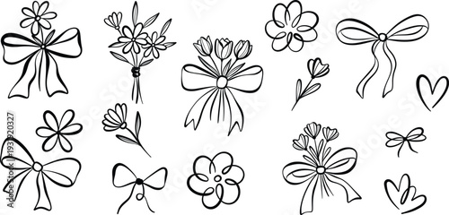 Flower bouquet bow vector line art illustration, spring floral ribbon cartoon doodle clip art set