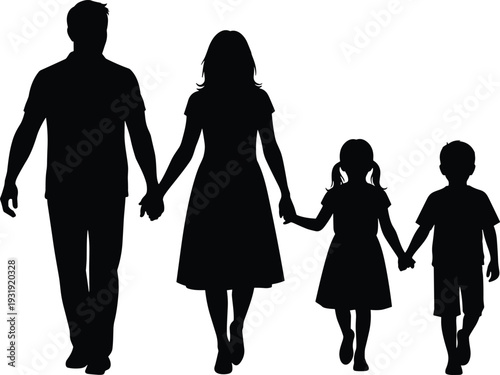 Silhouette of family walking hand in hand, parents with children, black and white vector illustration symbolizing unity, caregiving, parenting, love, and family life