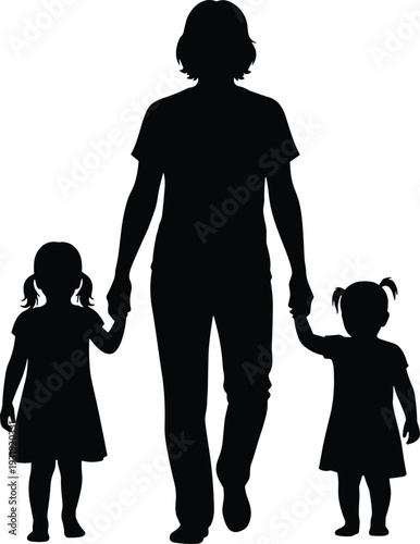 Silhouette of family walking together, adult holding hands with two children, black and white vector illustration symbolizing caregiving, parenting, protection, love, and family unity