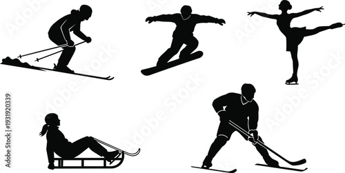 Winter Sports Silhouettes Set Featuring Skiing Snowboarding Figure Skating Sledding and Ice Hockey Athletes Isolated on Clean Background