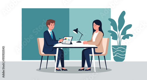 Business meeting with data analysis, teamwork illustration in office environment and professional