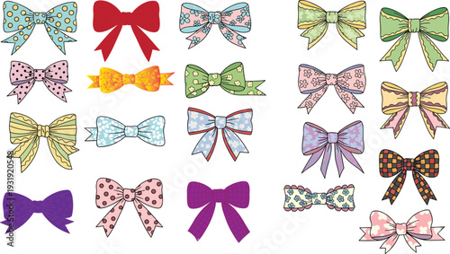 Decorative bows collection, colorful ribbon designs, fashion accessory, crafting elements, gift wrap, textile pattern, stylish decoration, creative design, variety