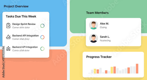 Digital project management dashboard interface with team collaboration and progress tracking