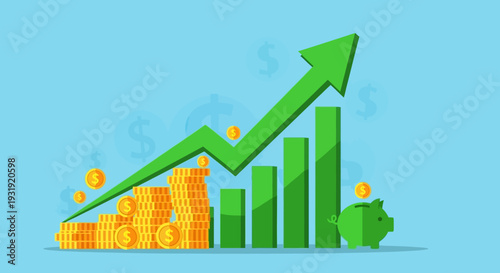 Financial growth and investment chart with upward trend and piggy bank illustration