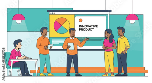 Illustrative business presentation with diverse team discussing innovative product strategy