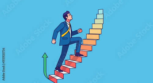 Cartoon illustration depicting a business man climbing up a staircase of success symbol