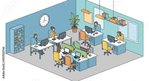 Isometric office space with people working at desks computers and office equipment showing a