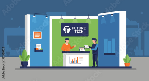 Vector illustration of a modern trade show booth promoting future technology company business