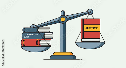 Symbolic representation of law scales balancing justice and corporate law illustration