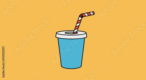 Whimsical cartoon illustration of a blue soda cup with a red striped straw on yellow background