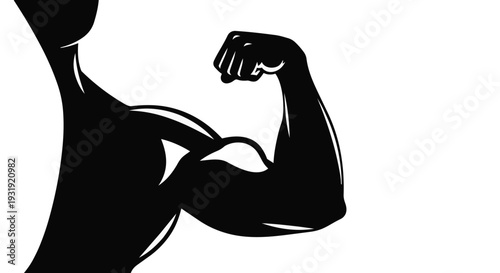 A black silhouette of a muscular arm flexing bicep