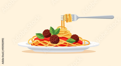 Delicious spaghetti and meatballs illustration with fork ready to eat a perfect italian food