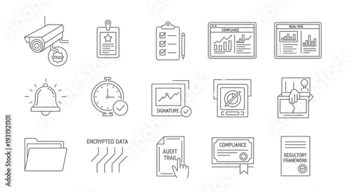 Compliance and audit line icon collection. Includes security camera, badge, checklist, data analysis, notification, timer, signature, restricted access, encrypted data, audit trail, certificate