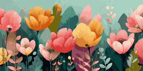 A vibrant display of pink cherry blossoms in full bloom against a soft gradient background