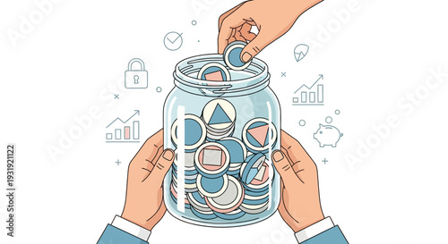Hands holding a glass jar filled with coins and abstract symbols, representing savings, investment, and financial growth. The illustration features a clean line art style with a limited blue and