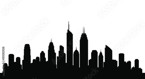 Black silhouette of a city skyline on a with tall skyscrapers and buildings