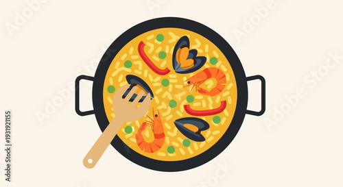 Authentic Spanish paella illustration featuring rice seafood and vegetables in a pan showcasing