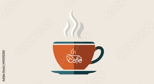 Stylized vector graphic of a steaming cup of coffee, perfect for cafe branding or promotional