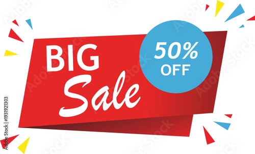 Red banner with white text big sale and blue circle with 50% o f discount big sale 50 percent off