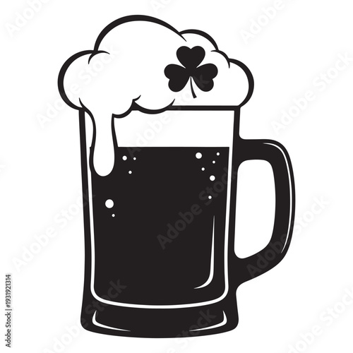 Black and white illustration of beer mug with frothy foam and shamrock on top, Irish cultural symbol for St. Patrick’s Day celebration, isolated vector design