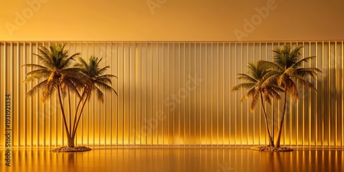 Minimalistic White Backdrop Featuring Reeded Glass and Blurred Palm Trees, Ideal for Creative Compositions and Design Projects