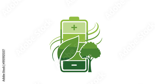 Green Energy Battery with Leaves and Tree.