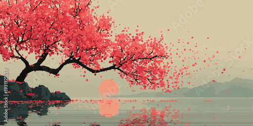 A serene landscape featuring a lone cherry blossom tree in full bloom at sunset.