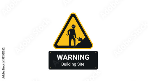 Warning sign for building site with caution symbol.
