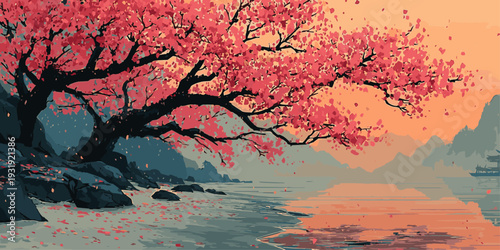 A serene landscape with cherry blossom trees under a full moon