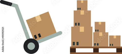 Hand truck carrying a cardboard box next to stacked boxes on a pallet dolly trolley cardboard boxes