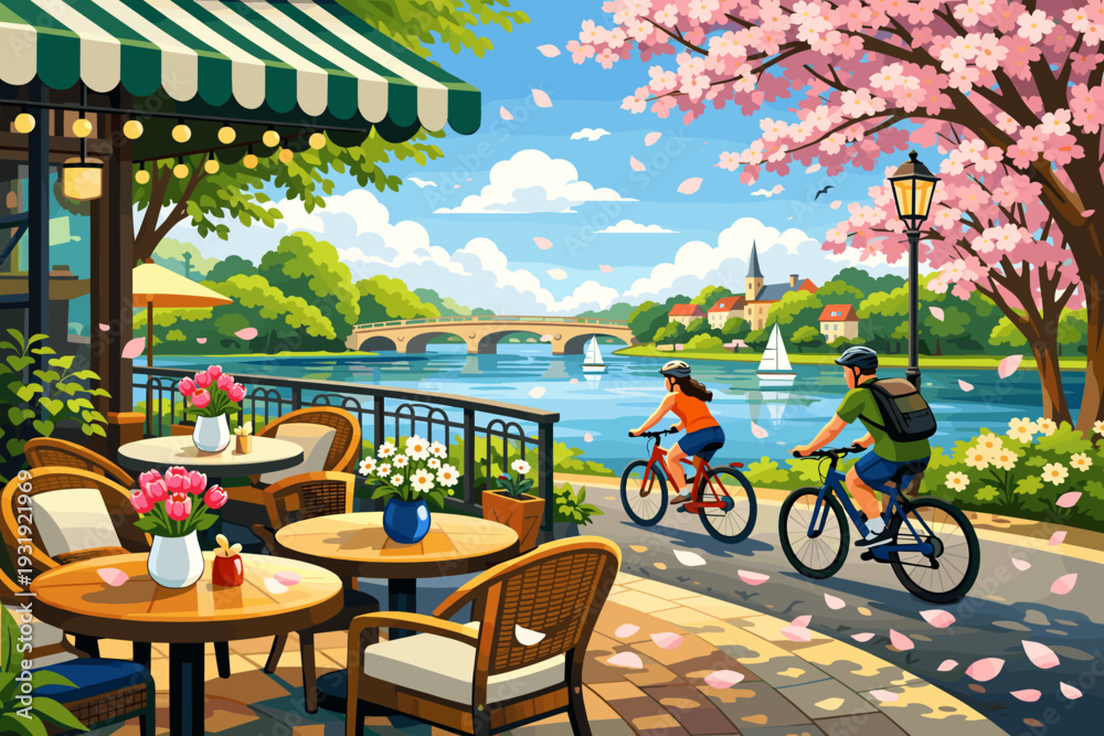 Fototapeta premium Bicyclists ride by a waterfront cafe with flowers and cherry blossom trees in springtime sunlight near a calm river