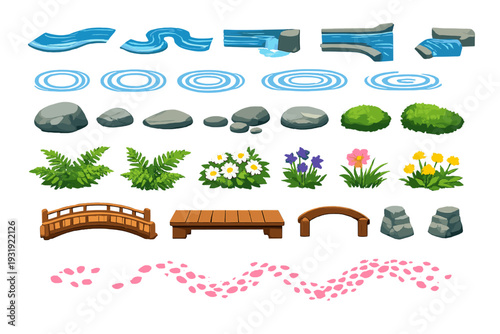 Different elements of a natural landscape including water, rocks, plants, and bridges for use in design projects