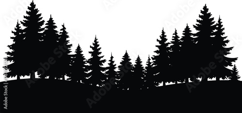 Forest silhouette, pine trees, fir trees, woodland landscape, nature illustration, scenic artwork, outdoor design, evergreen forest, vector art, natural beauty