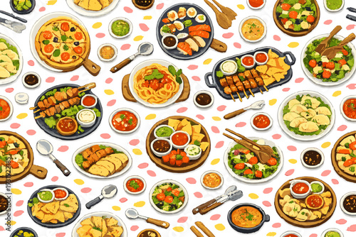 Variety of food dishes displayed on a table in a vibrant arrangement for a gathering at a dining location