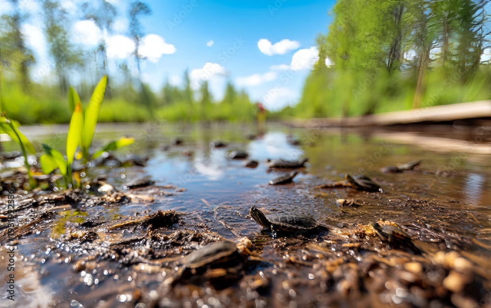 Fototapeta premium Serene Swamp View with Aggressive Snapping Turtles and Lush Greenery