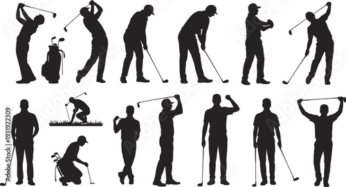Golf silhouettes, golfers in action, swinging club, putting stance, carrying bag, observing ball, sports artwork, athletic movement, outdoor game, vector illustration