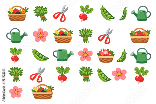 Garden tools and fresh vegetables are arranged in colorful patterns on a white background showing gardening activities and plants