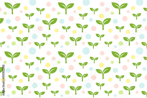 Pattern of green plants on a light background with colorful dots in a simple design suitable for various uses