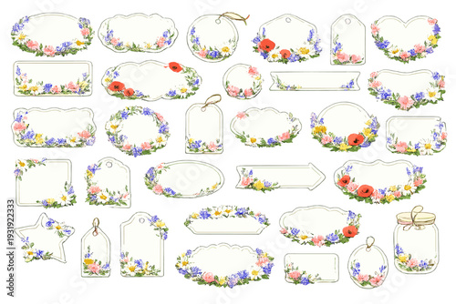 Colorful flower frames and tags for crafts and decorations in various shapes and sizes