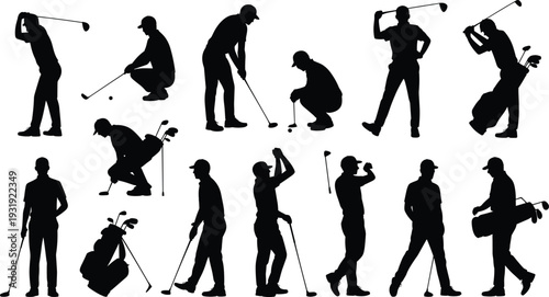 Golf silhouettes, golfers in action, swinging club, putting stance, carrying bag, sports artwork, athletic movement, outdoor game, vector illustration, design