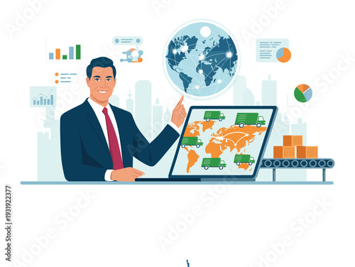 Modern Logistics And Transport Concept With Businessman Analyzing Global Supply Chain Network On Laptop, Trucks Ships Factories And Shipping Containers Illustration, Efficient Distribution And Interna
