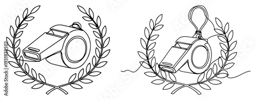Referee whistle with laurel wreath frame in minimalist line art style for coloring