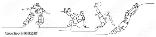 Set of soccer players in action poses drawn in one continuous line art style